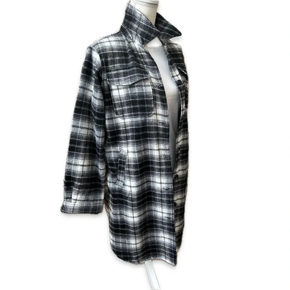 H&M Black And White Plaid Long Button Down Jacket/ Shacket Women’s Size XS - Picture 5 of 14